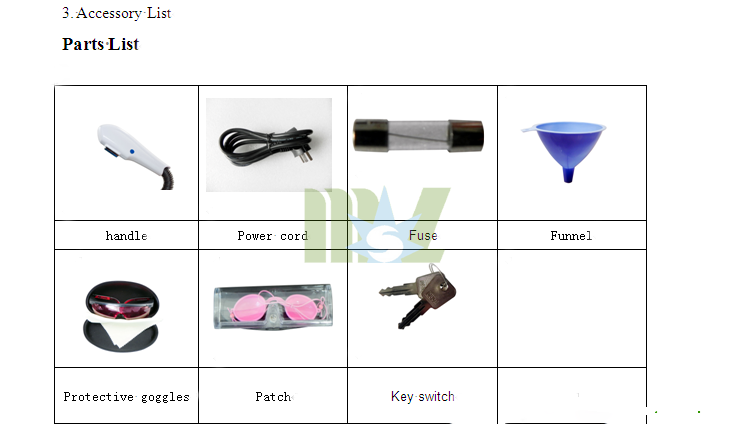 Lista de accesorios de la máquina portátil de luz pulsada intensa Elight Ipl